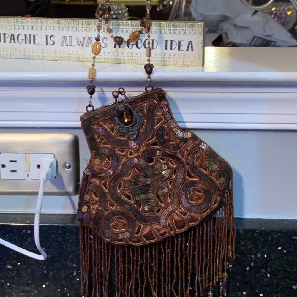 Beautiful Bronze Evening Bag with Stone Chain
